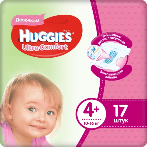 Подгузники Хаггис Huggies Ultra Comfort 4+ Girl (10-16кг) Подгузники в Казахстане, интернет-аптека Рокет Фарм