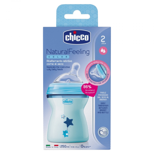 CHICCO Бутылочка 250мл соска силикон NATURAL FEELING 2+ Голубая  в Казахстане, интернет-аптека Aurma.kz