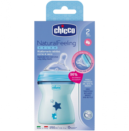 CHICCO Бутылочка 250мл соска силикон NATURAL FEELING 2+ Голубая  в Казахстане, интернет-аптека Aurma.kz