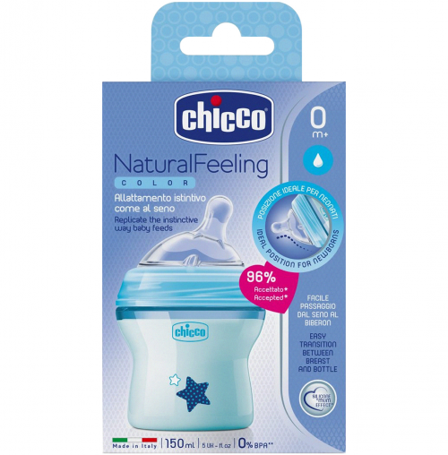 CHICCO Бутылочка 150мл соска силикон NATURAL FEELING 0+ Голубая  в Казахстане, интернет-аптека Aurma.kz