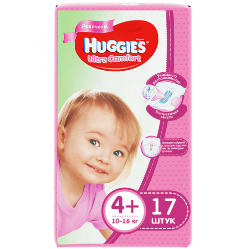 HUGGIES Подгузники Ultra comfort 4+ 10-16 кг 17шт для девочек  в Казахстане, интернет-аптека Aurma.kz