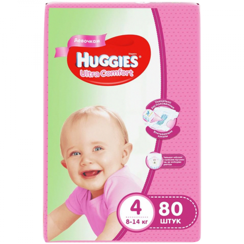 HUGGIES Подгузники Ultra comfort 4 80шт для девочек 8-14 кг в Казахстане, интернет-аптека Aurma.kz
