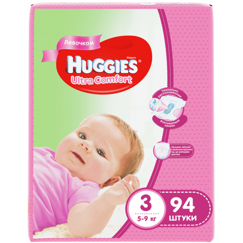 HUGGIES Подгузники Ultra comfort 3  5-9 кг 94 шт для девочек  в Казахстане, интернет-аптека Aurma.kz