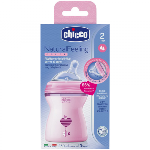 CHICCO Бутылочка 250мл соска силикон NATURAL FEELING 2+ Розовая  в Казахстане, интернет-аптека Aurma.kz