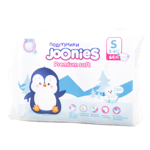 JOONIES Подгузники Premium soft 3D S 64 3-6кг  в Казахстане, интернет-аптека Aurma.kz