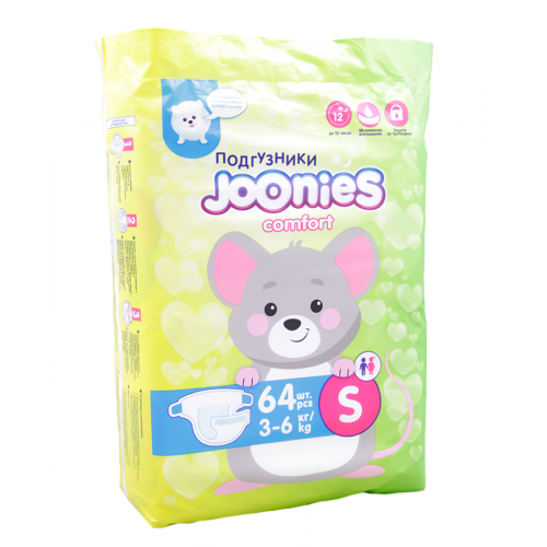 JOONIES Подгузники Comfort S 3-6кг 64шт  в Казахстане, интернет-аптека Aurma.kz