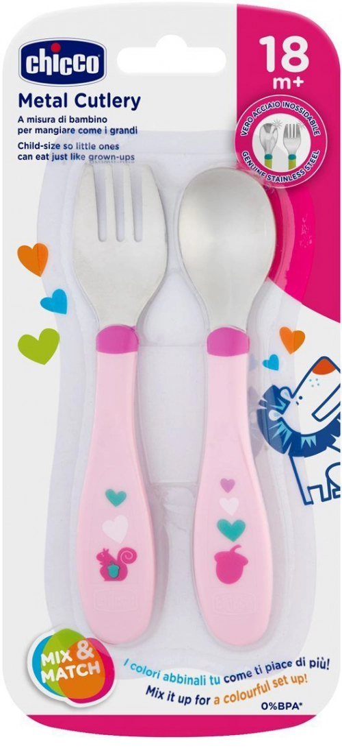 Chicco набор металлический Metal Cutlery, розовый 18м+  в Казахстане, интернет-аптека Рокет Фарм