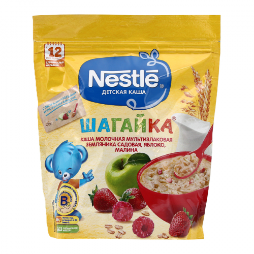 NESTLE Каша Шагайка молочная 5 злаков земляника садовая яблоко и малина с 12 месяцев 200гр ZIP пакет  в Казахстане, интернет-аптека Aurma.kz