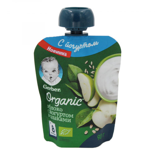 GERBER Пюре Organic яблоко с йогуртом и злаками  8м+ 90гр пауч  в Казахстане, интернет-аптека Aurma.kz