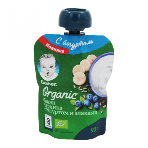 GERBER Пюре Organic банан черника с йогуртом и злаками 8м+ 90гр пауч  в Казахстане, интернет-аптека Aurma.kz