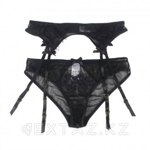 Пояс для чулок с ремешками и трусики черные Flower&bow (XL-2XL)  в Казахстане, интернет-аптека Aurma.kz
