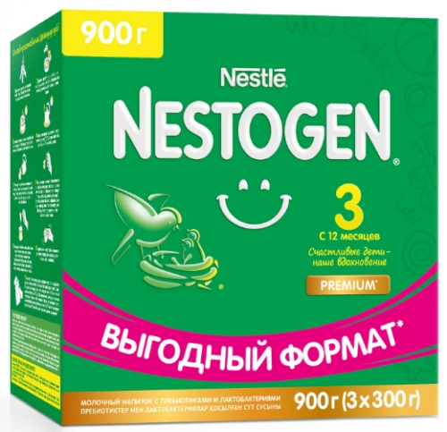 Нестле Nestle Nestogen 3 Детское молочко с пребиотиками и лактобактериями с 12 месяцев (3*300г) Смесь в Казахстане, интернет-аптека Aurma.kz