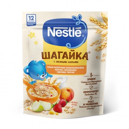 Нестле Nestle Каша молочная злаковая с яблоком, земляникой и персиком дой-пак  в Казахстане, интернет-аптека Aurma.kz