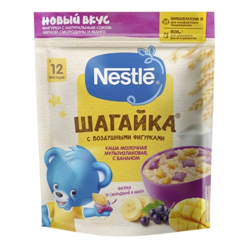 Nestle Каша Шагайка молочная мультизлаковая с фигурками из пшеницы банан-манго-черная смородина  в Казахстане, интернет-аптека Aurma.kz