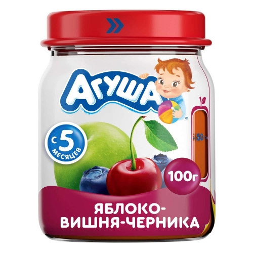 Агуша Пюре Фруктовое Яблоко Вишня Черника 100г СБн 12Х	  в Казахстане, интернет-аптека Aurma.kz